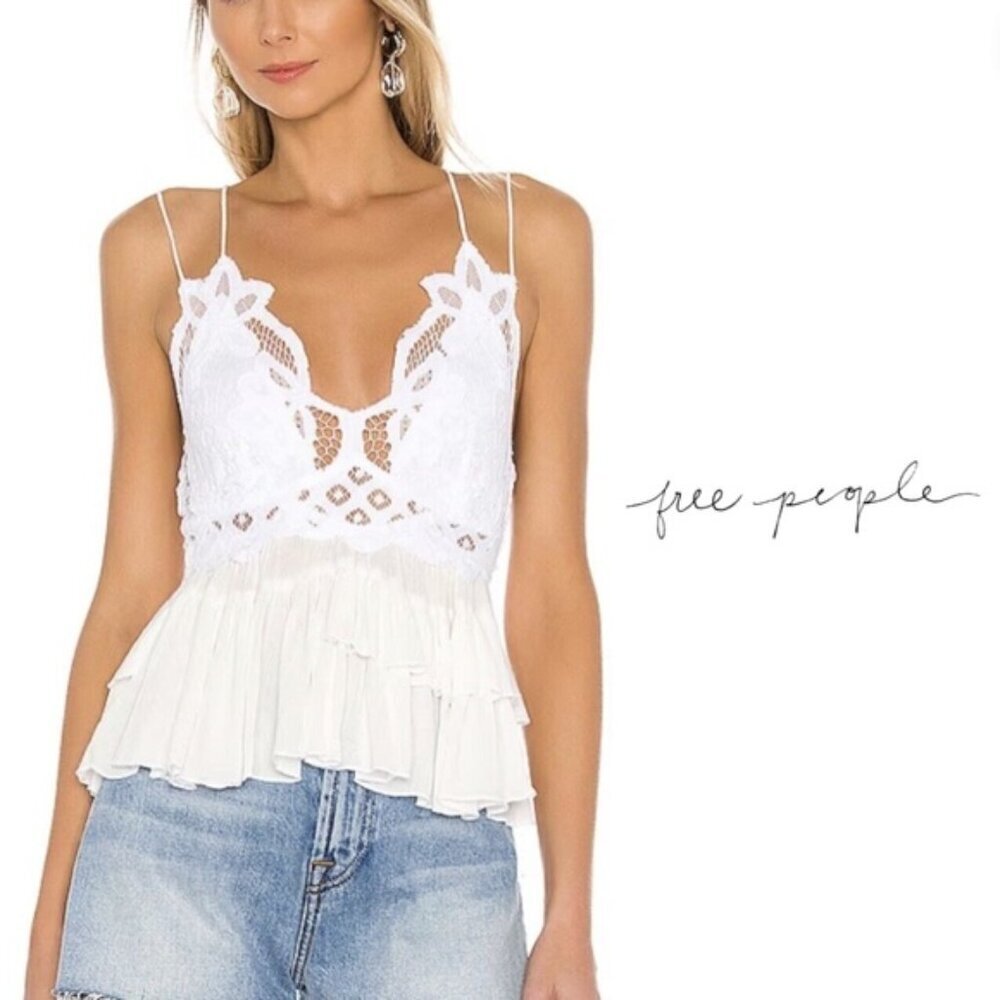 Free People NWT Adella Cami White Lace Ruffled Tank Top - White - Size M
